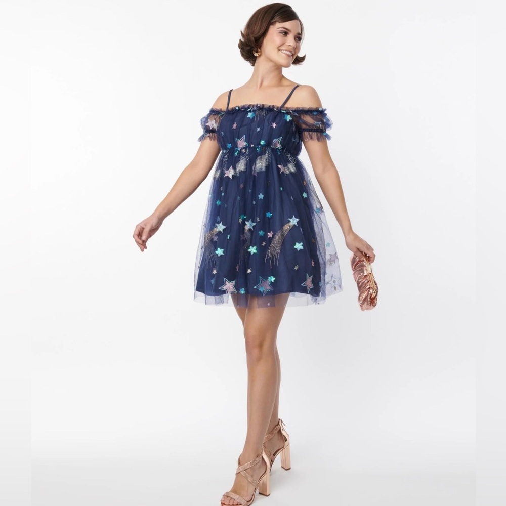 NWT Navy Glitter Off-The-Shoulder Babydoll Dress Great for The Eras Tour!